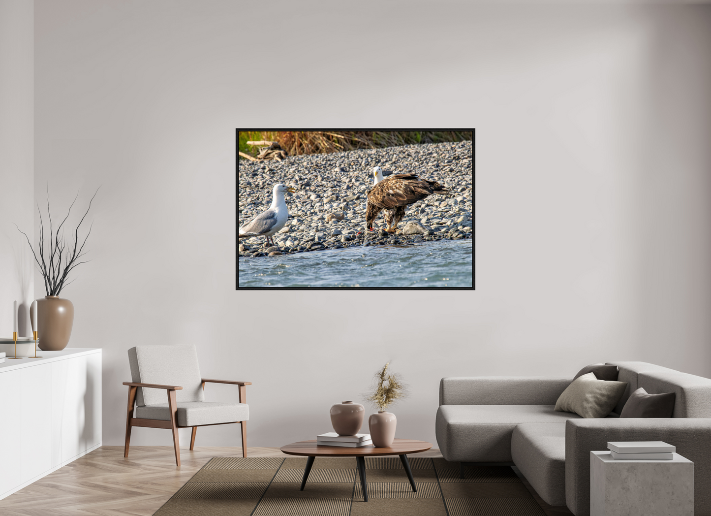 Mine? Mine? – Bald Eagle and Seagull Shoreline Standoff Nature Photography Print