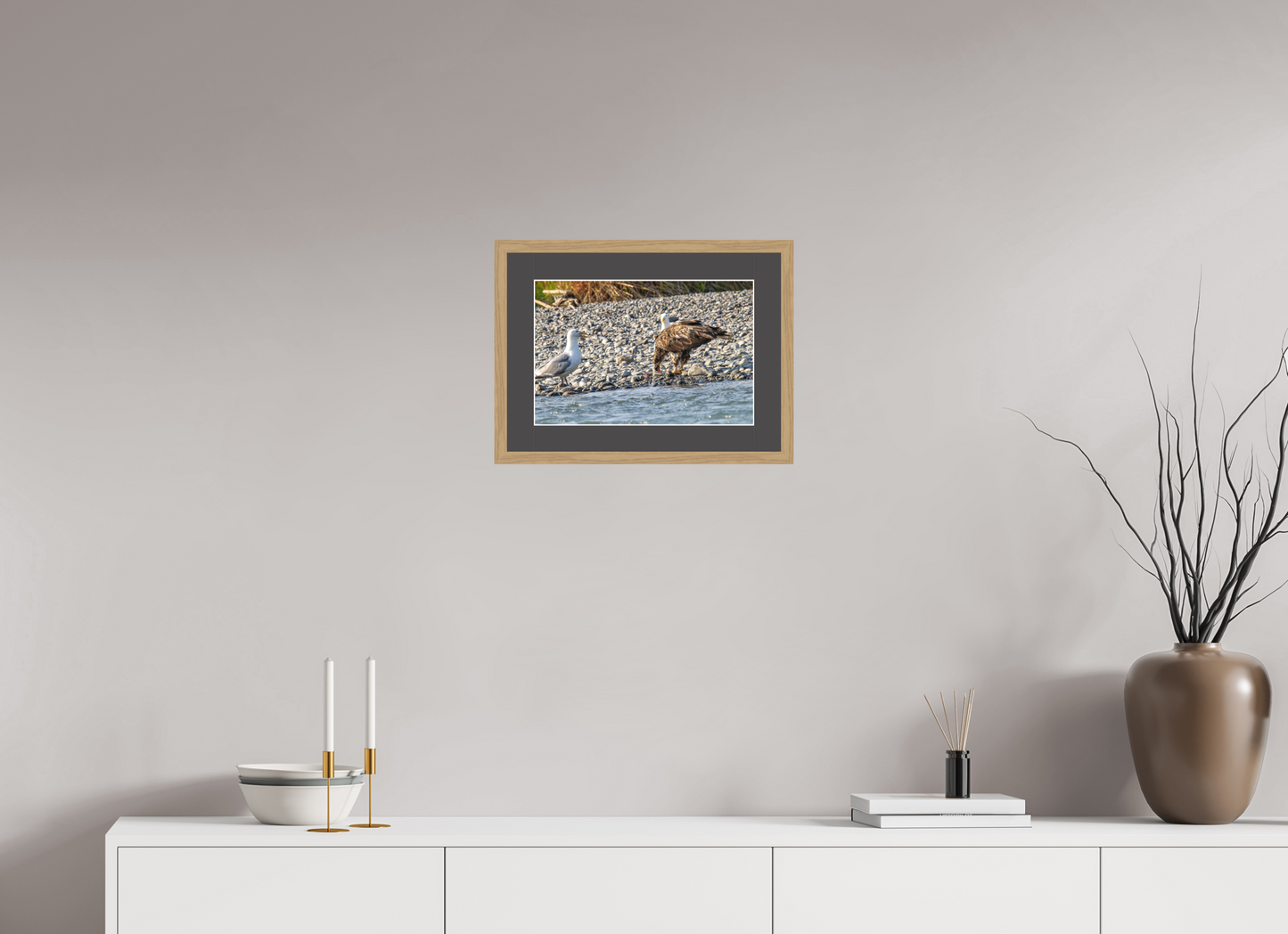 Mine? Mine? – Bald Eagle and Seagull Shoreline Standoff Nature Photography Print