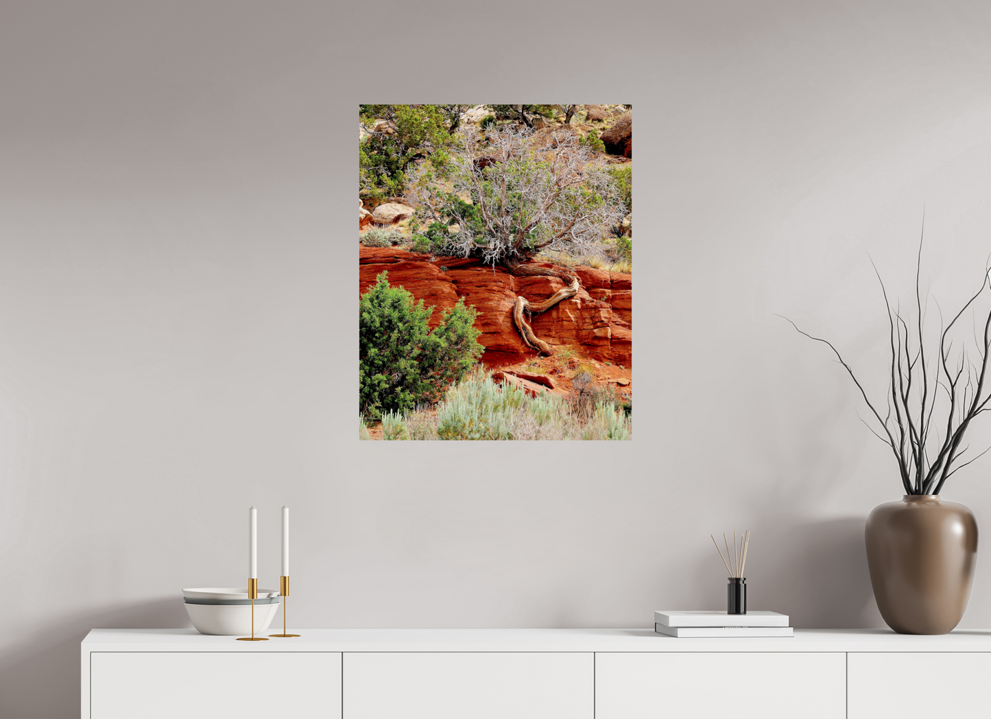 Resilient Roots – Twisted Tree in Red Rock Desert Fine Art Print