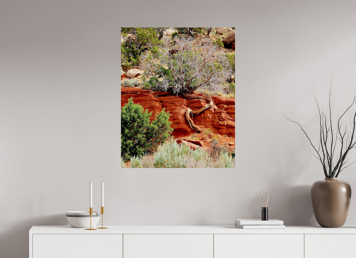 Resilient Roots – Twisted Tree in Red Rock Desert Fine Art Print