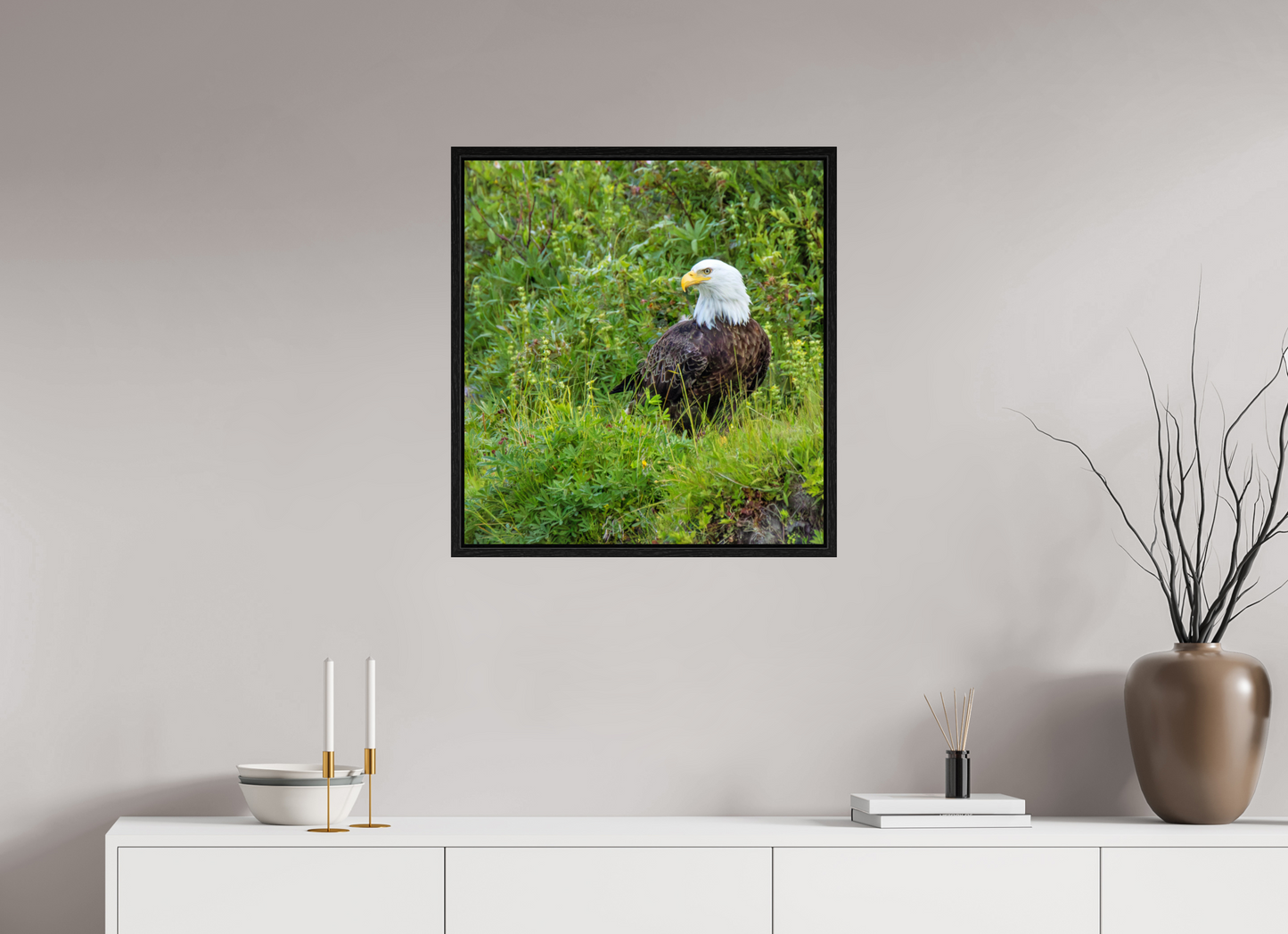 Grounded Majesty – Bald Eagle in Alaska’s Wilderness Nature Photography Print
