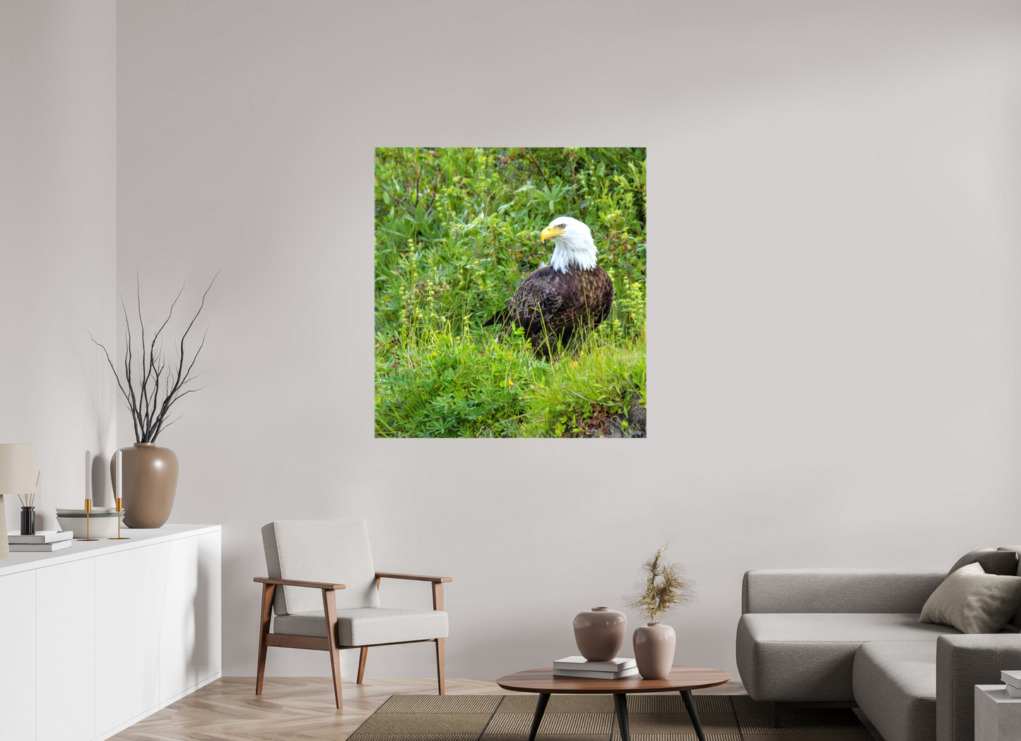 Grounded Majesty – Bald Eagle in Alaska’s Wilderness Nature Photography Print