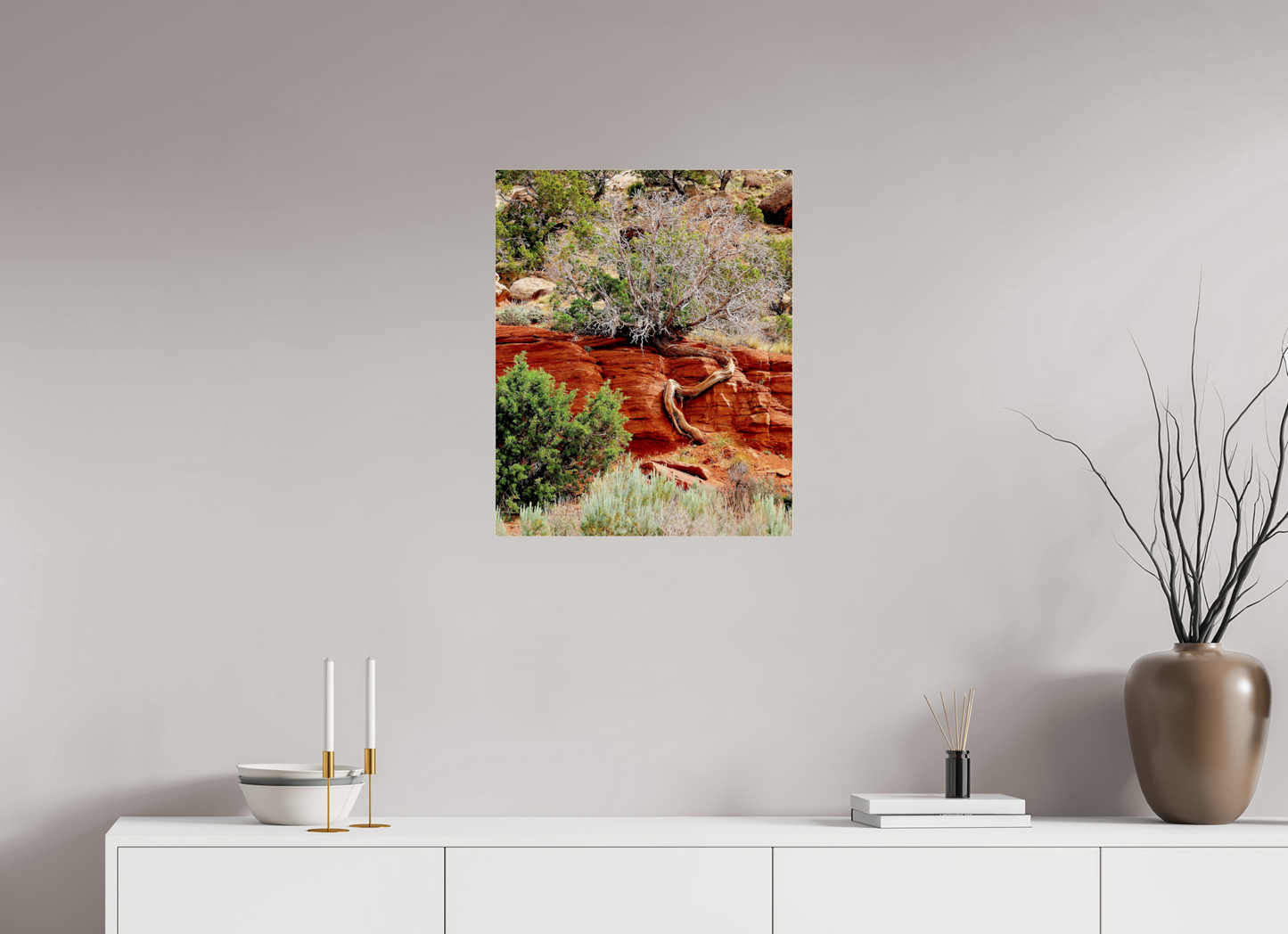 Resilient Roots – Twisted Tree in Red Rock Desert Fine Art Print