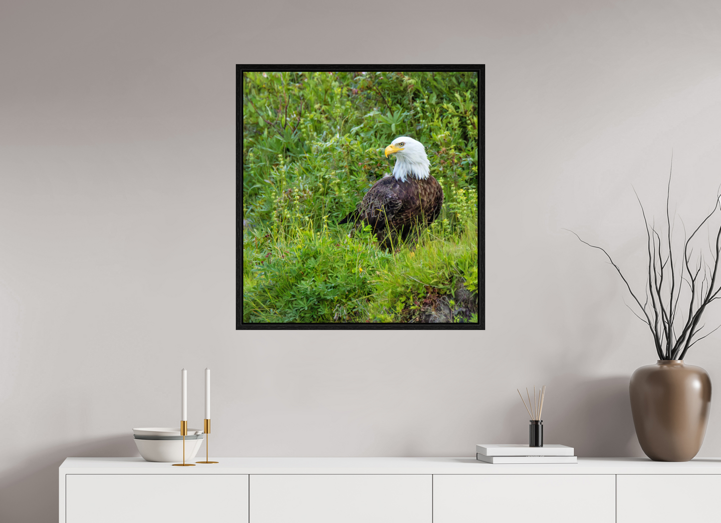 Grounded Majesty – Bald Eagle in Alaska’s Wilderness Nature Photography Print