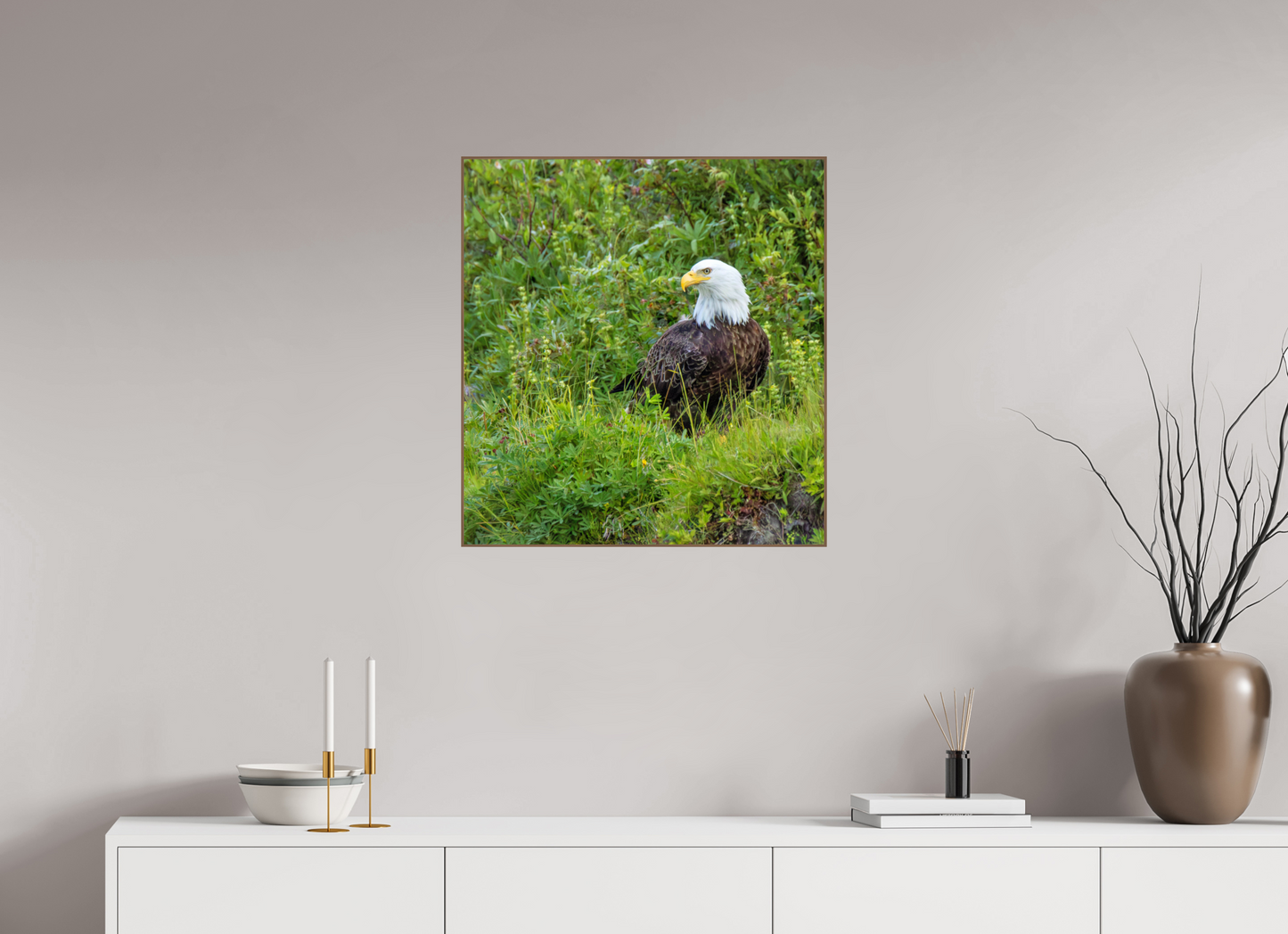 Grounded Majesty – Bald Eagle in Alaska’s Wilderness Nature Photography Print