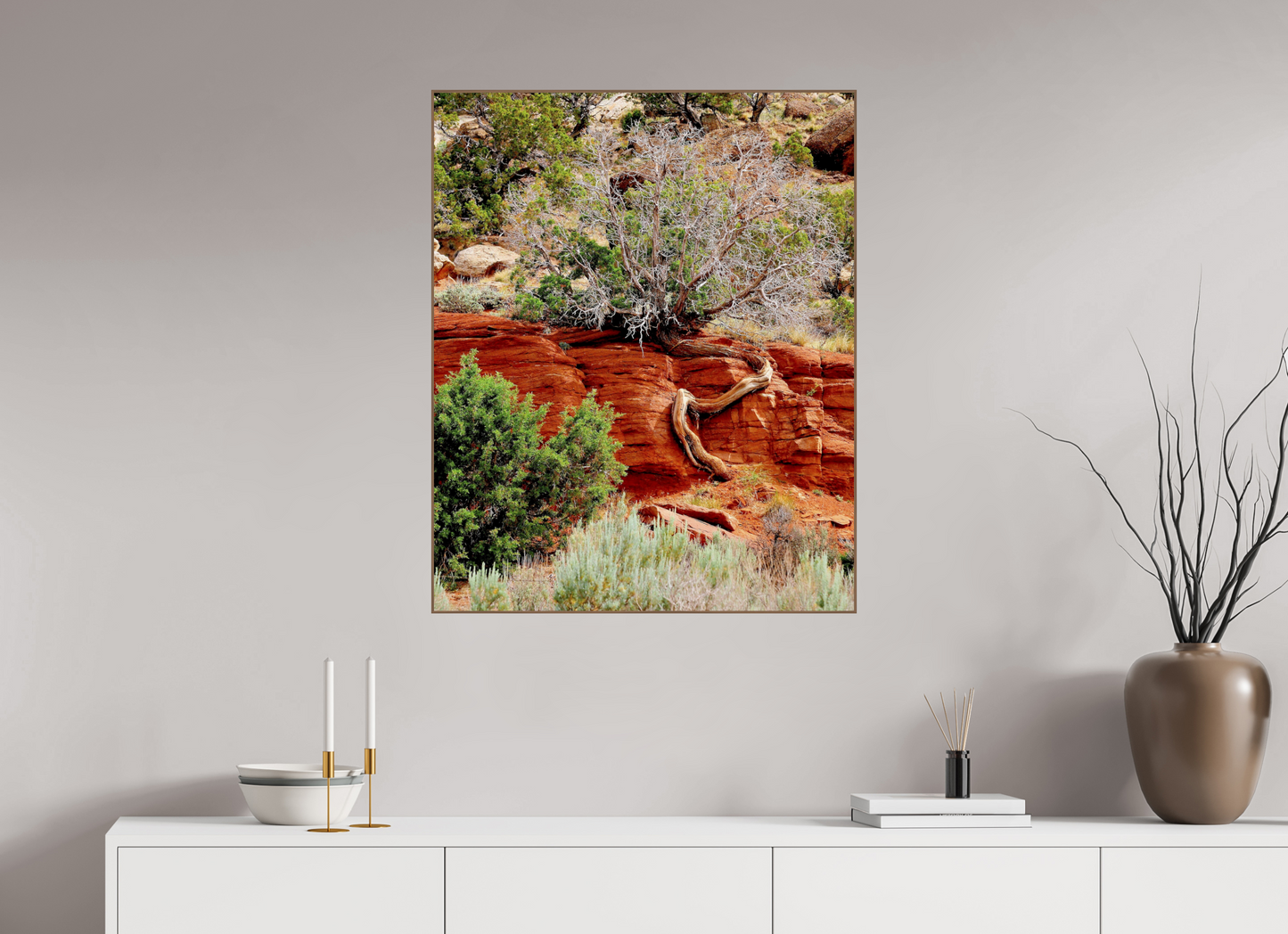 Resilient Roots – Twisted Tree in Red Rock Desert Fine Art Print