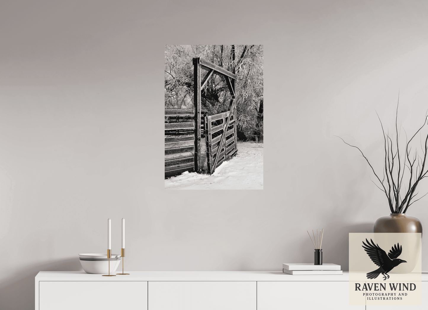 20 x 29.4″, ChromaLuxe HD Metal Print - ready to hang Winter Gate Black and White Nature Photography Print