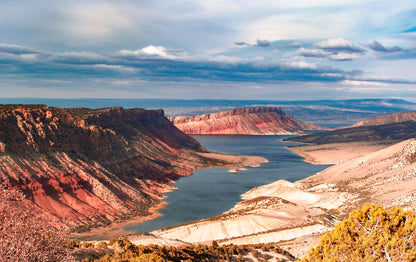 Nature photography print of  Flaming Gorge.  A desert valley with a river winding through it.