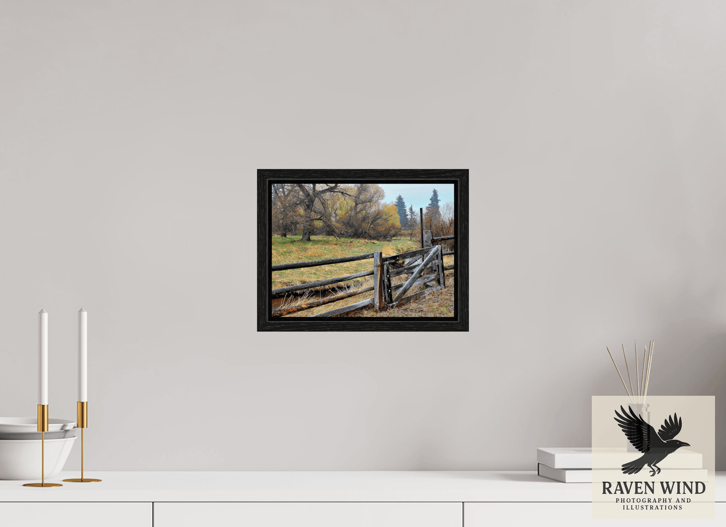 10.9 x 8″, Floater Frame with Black Oak frame -ready to hang Pasture Gate Nature Photography Print