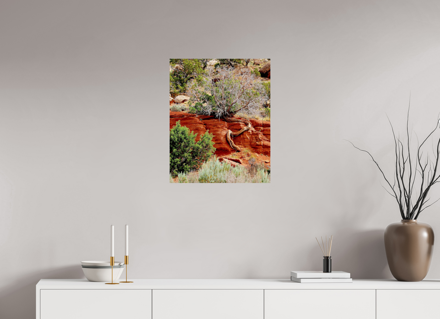 Resilient Roots – Twisted Tree in Red Rock Desert Fine Art Print