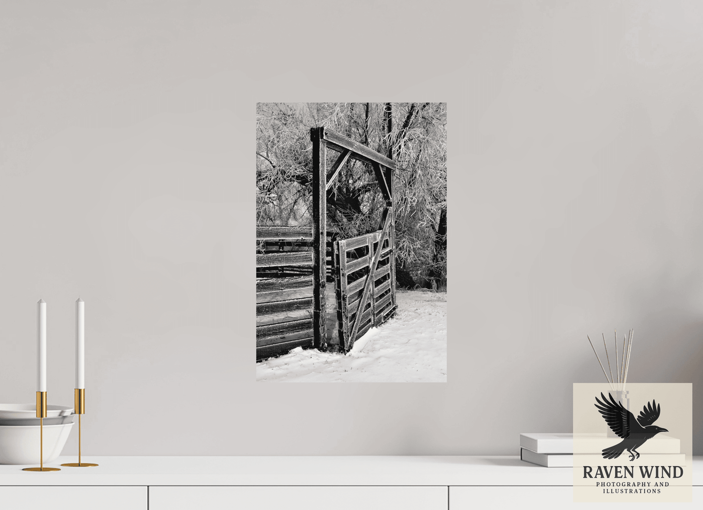12 x 17.6″, ChromaLuxe HD Metal Print - ready to hang Winter Gate Black and White Nature Photography Print