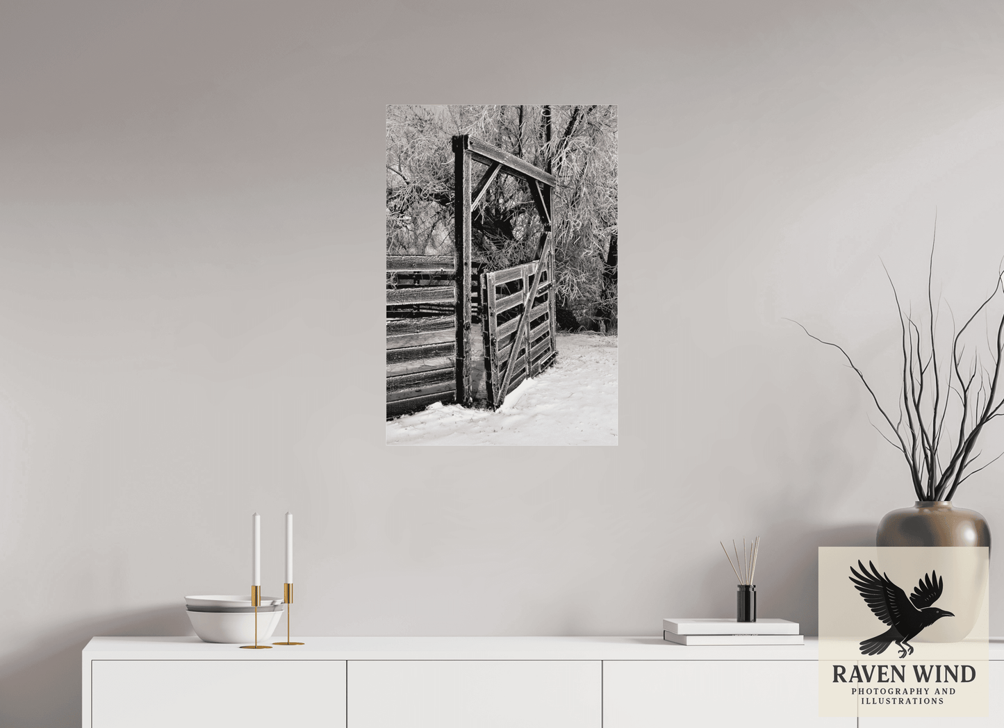 20 x 29.4″, Photo Print Under Acrylic Glass - ready to hang Winter Gate Black and White Nature Photography Print