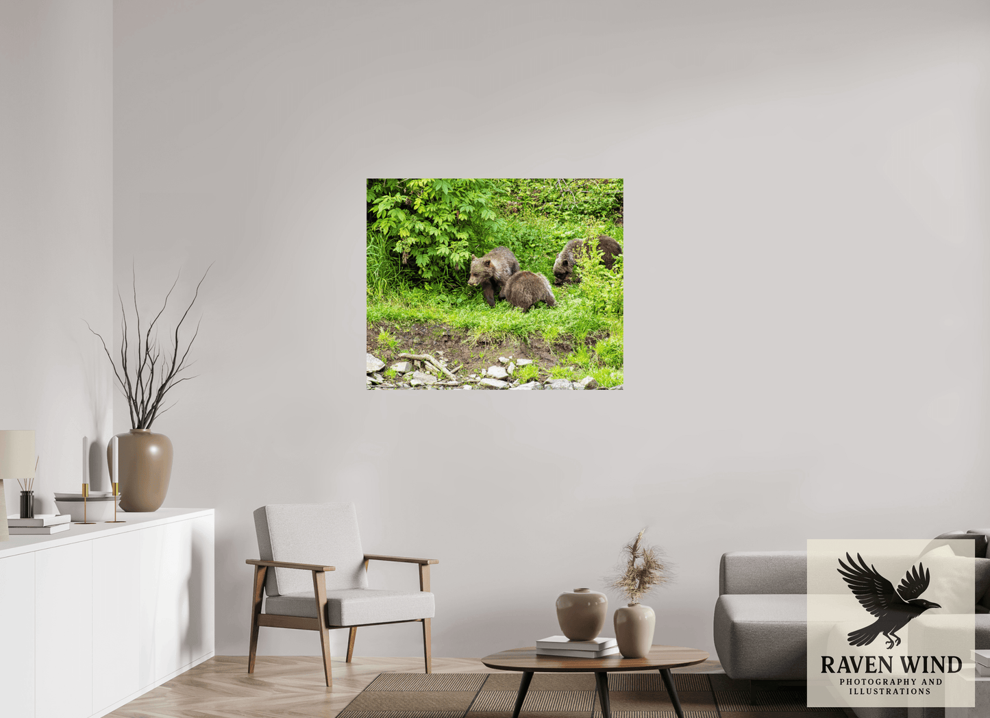 42.5 x 35″, ChromaLuxe HD Metal Print - ready to hang Brown Bear Triplets Nature Photography Print