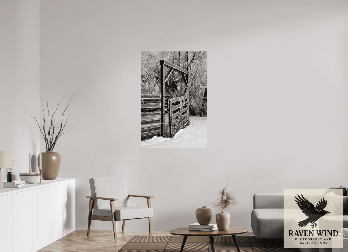 31 x 45.6″, ChromaLuxe HD Metal Print - ready to hang Winter Gate Black and White Nature Photography Print