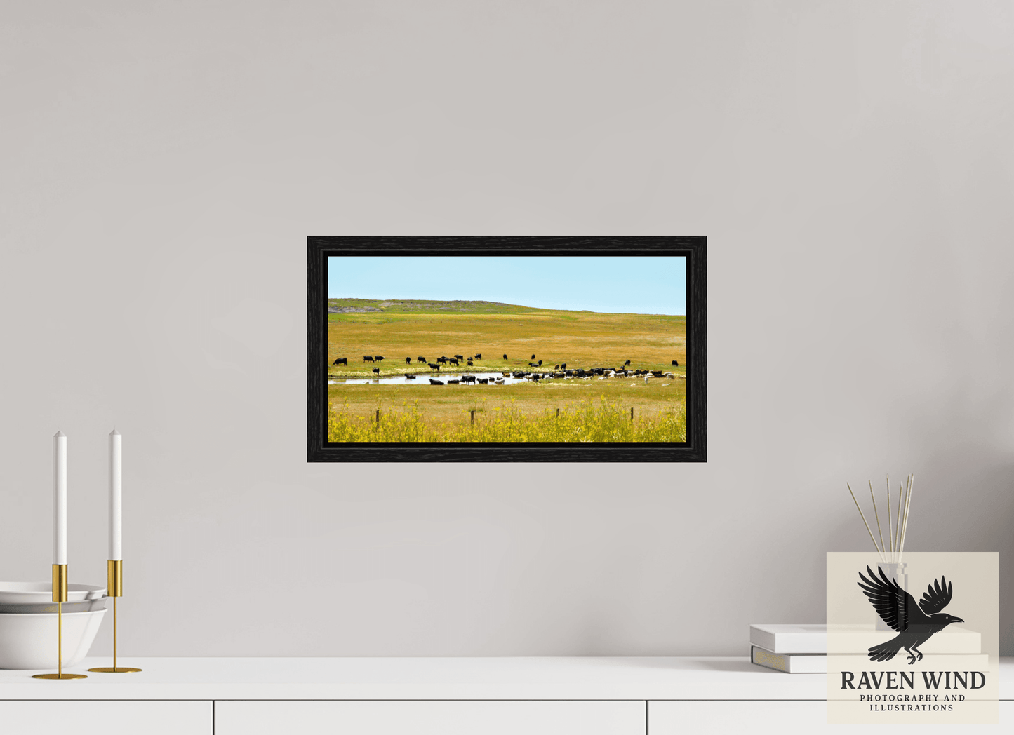 15.4 x 8″, Floater Framed - black oak frame - ready to hang Gathering at Mule Creek Nature Photography Print