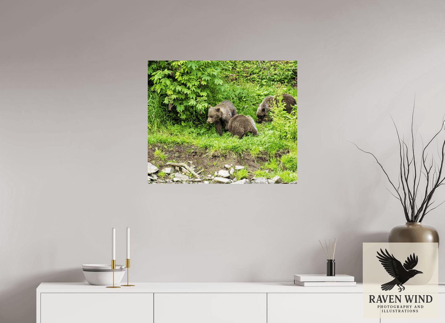 29.2 x 24″, ChromaLuxe HD Metal Print - ready to hang Brown Bear Triplets Nature Photography Print