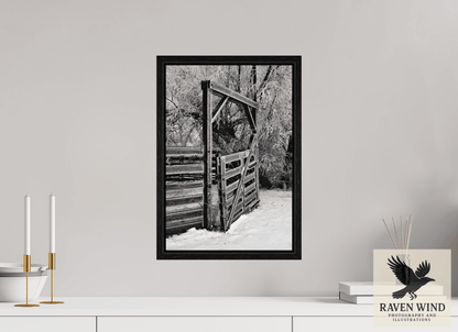 12 x 17.6″, Floater Frame - black oak frame - ready to hang Winter Gate Black and White Nature Photography Print