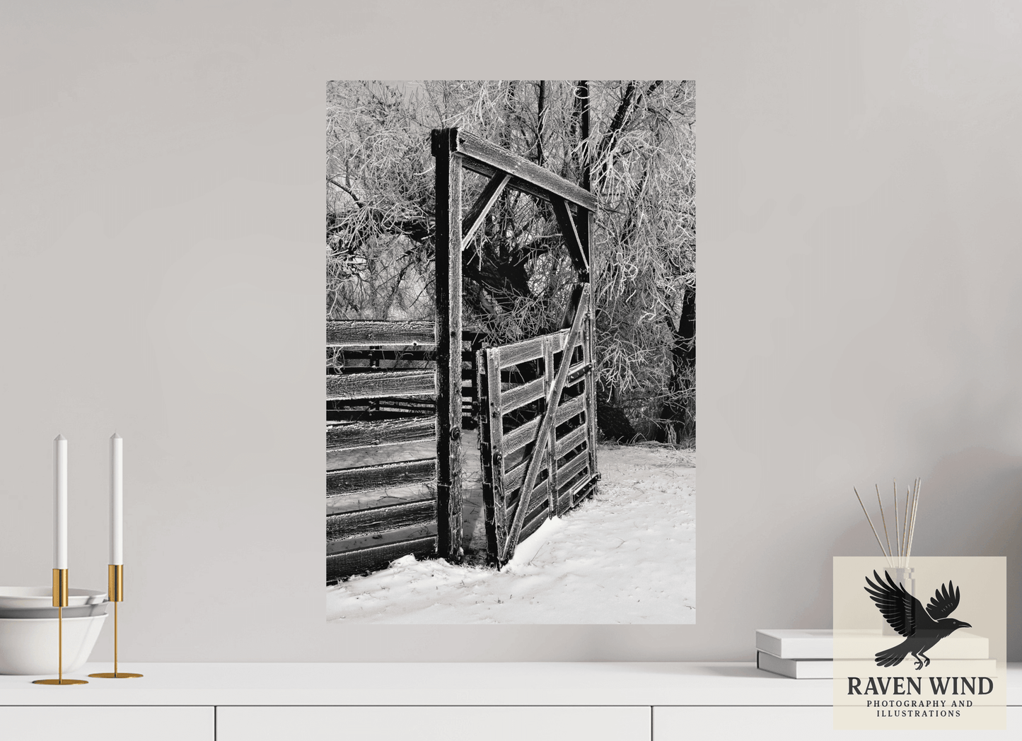 16 x 23.5″, Fine Art Print on Pearl Texture - unframed (email for framing options) Winter Gate Black and White Nature Photography Print