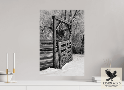 16 x 23.5″, Fine Art Print on Pearl Texture - unframed (email for framing options) Winter Gate Black and White Nature Photography Print