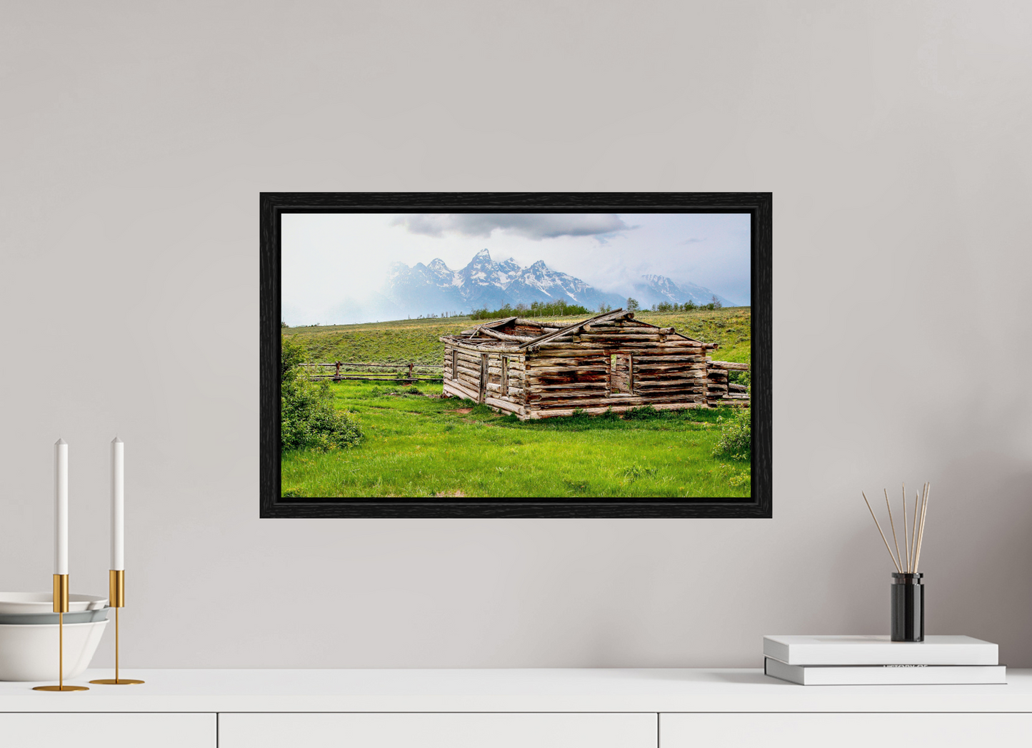 19.8 x 12″, Floater Frame - with Black Oak frame - ready to hang The Cabin - Echoes of Jackson Hole Wyoming Nature Photography Print