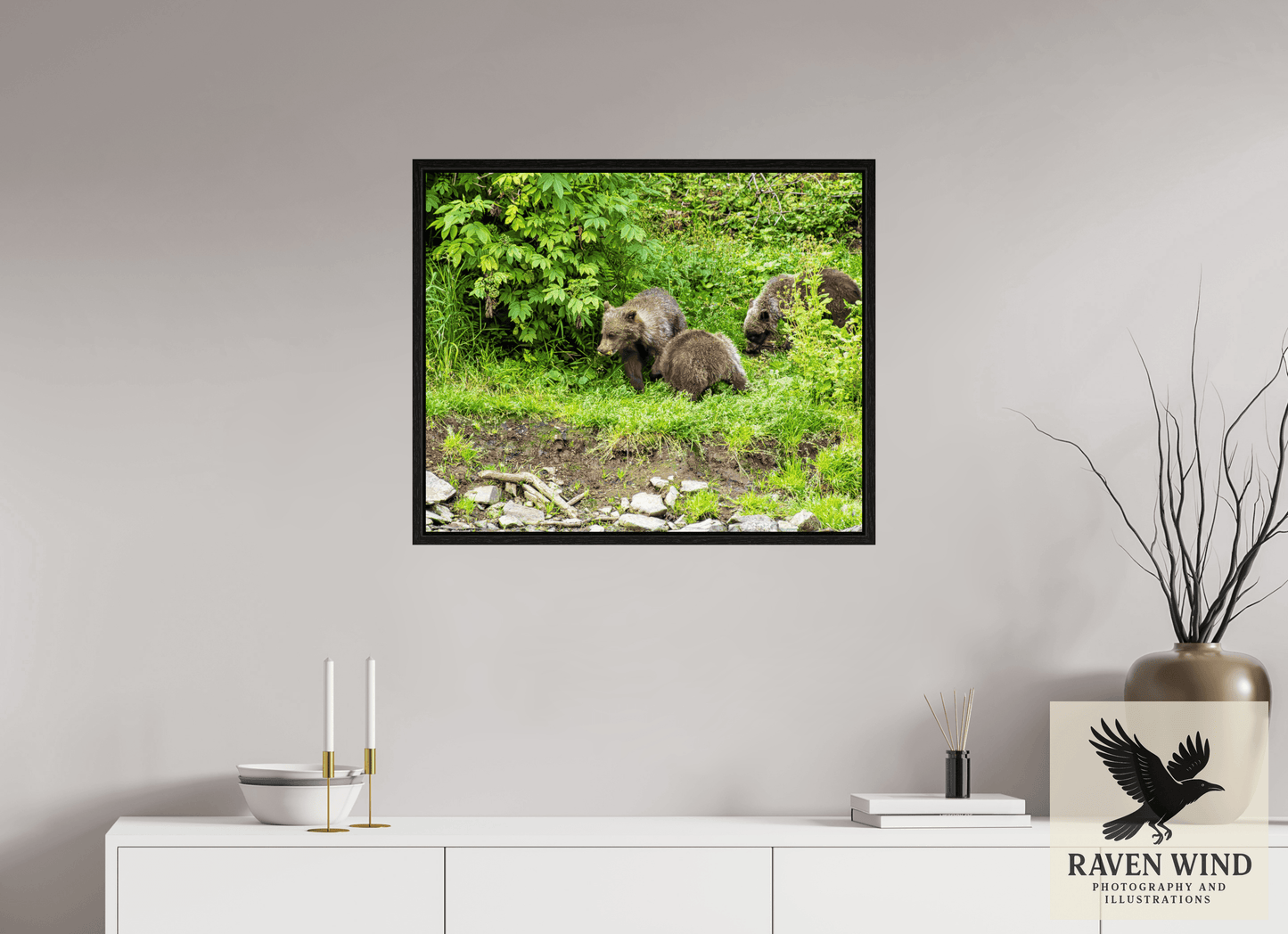 29.2 x 24″, Floater Frame - black oak frame - ready to hang Brown Bear Triplets Nature Photography Print