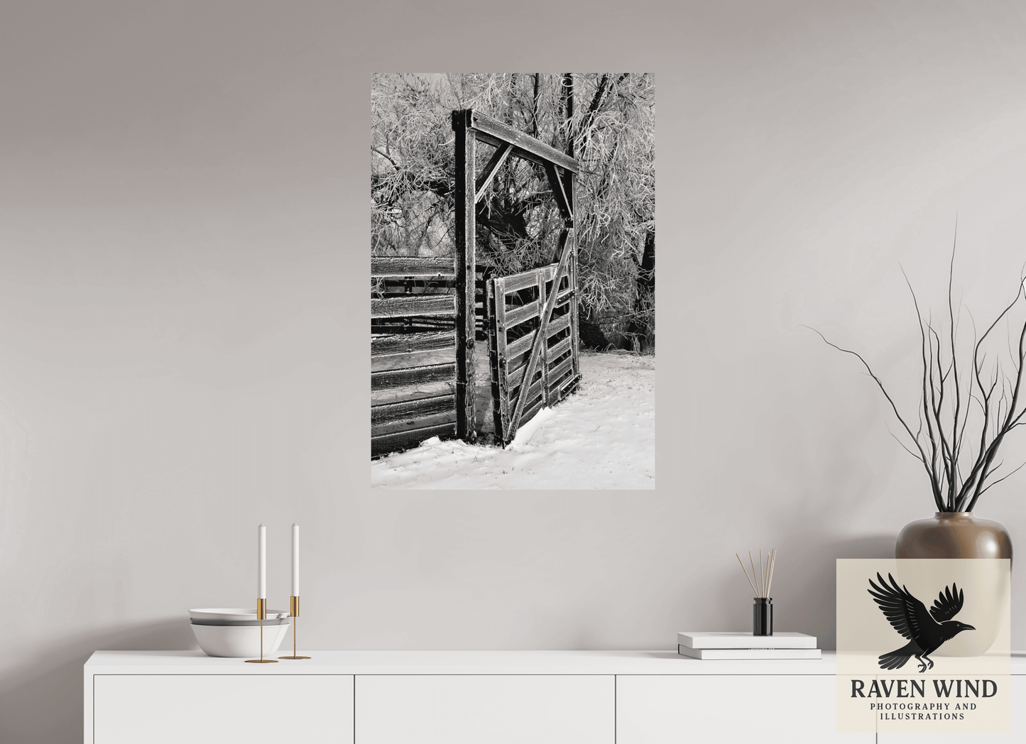 24 x 35.3″, ChromaLuxe HD Metal Print - ready to hang Winter Gate Black and White Nature Photography Print