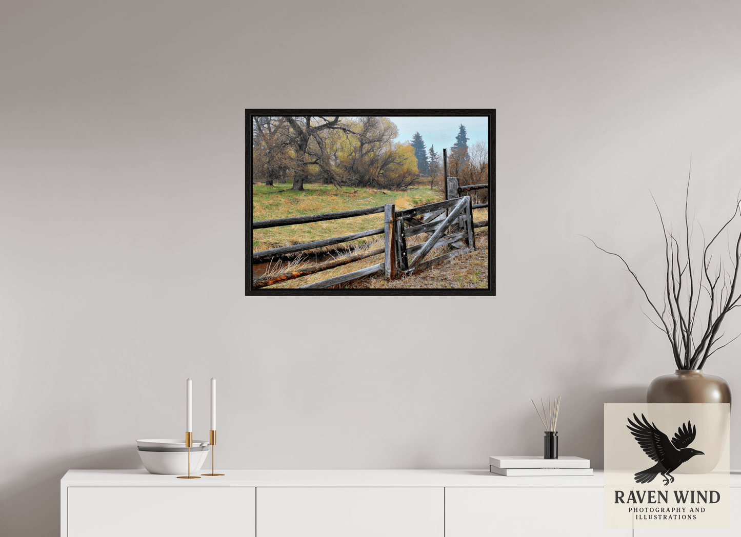 27.4 x 20″, Floater Frame with Black Oak frame -ready to hang Pasture Gate Nature Photography Print