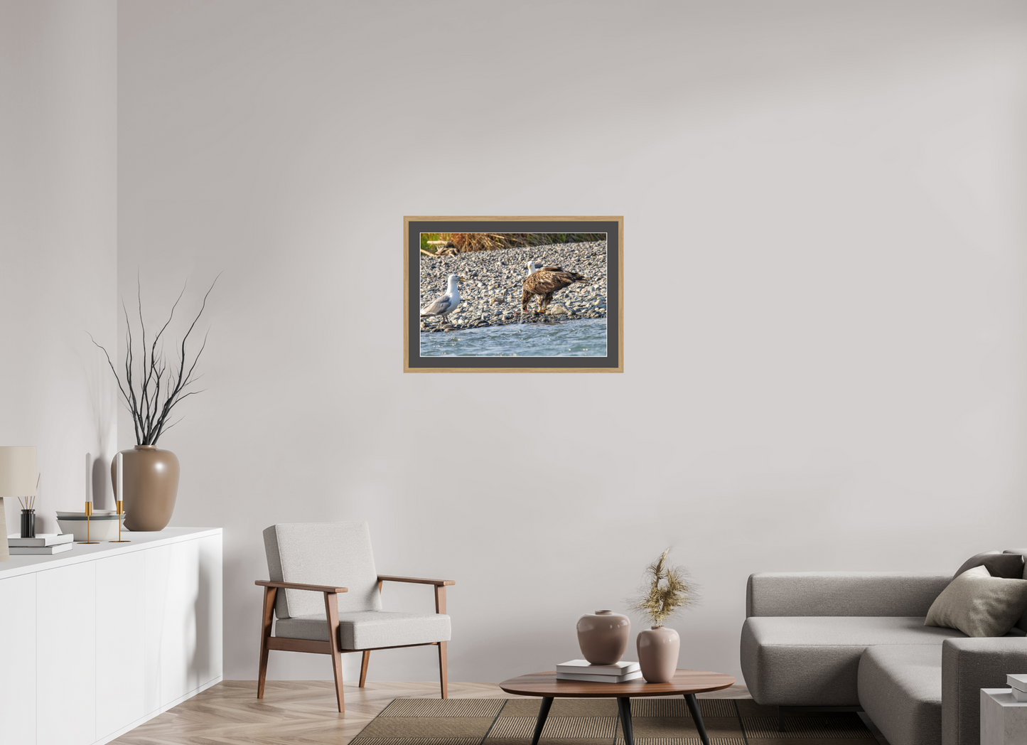 Mine? Mine? – Bald Eagle and Seagull Shoreline Standoff Nature Photography Print