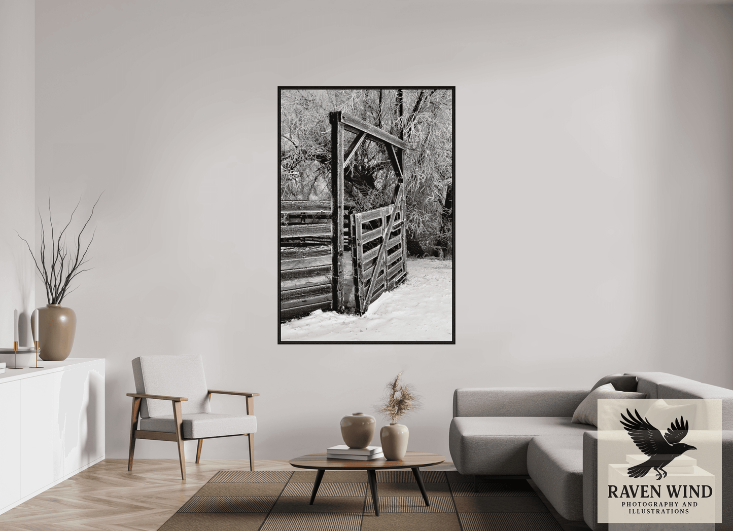 47 x 69.1″, Floater Frame - black oak frame - ready to hang Winter Gate Black and White Nature Photography Print
