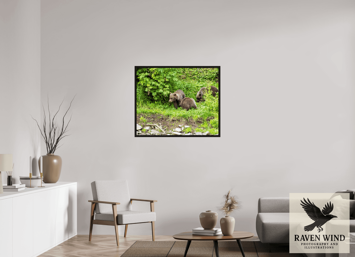 37.7 x 31″, Floater Frame - black oak frame - ready to hang Brown Bear Triplets Nature Photography Print
