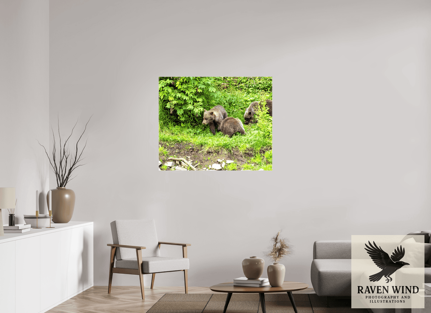 42.5 x 35″, Print on Canvas - ready to hang or set on a shelf Brown Bear Triplets Nature Photography Print