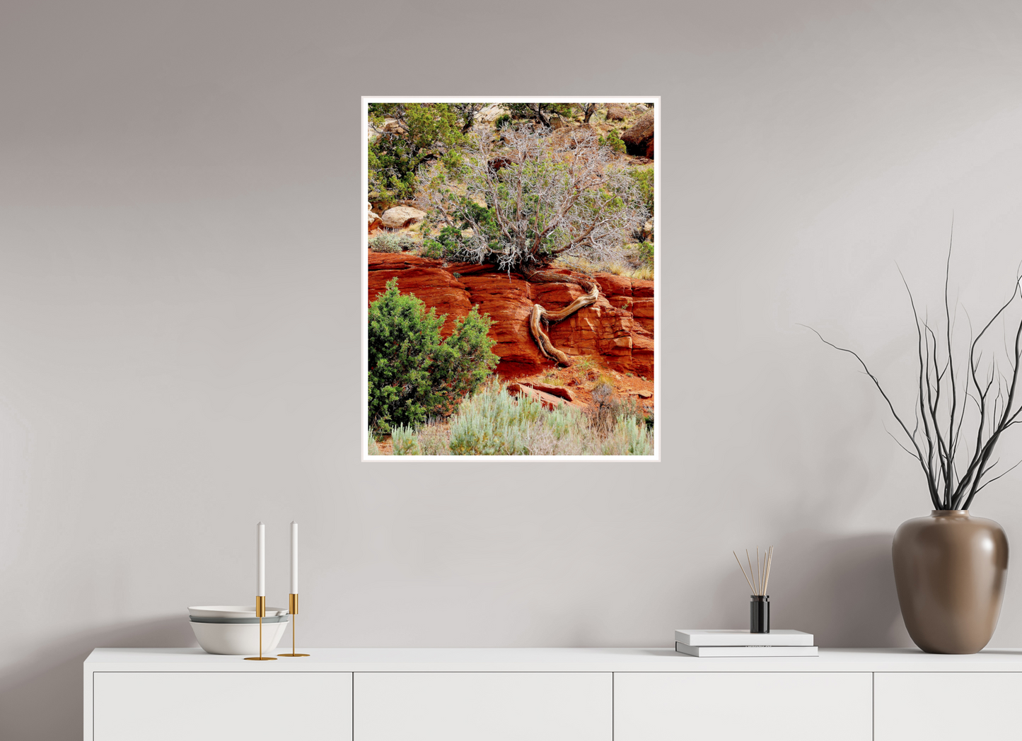 Resilient Roots – Twisted Tree in Red Rock Desert Fine Art Print