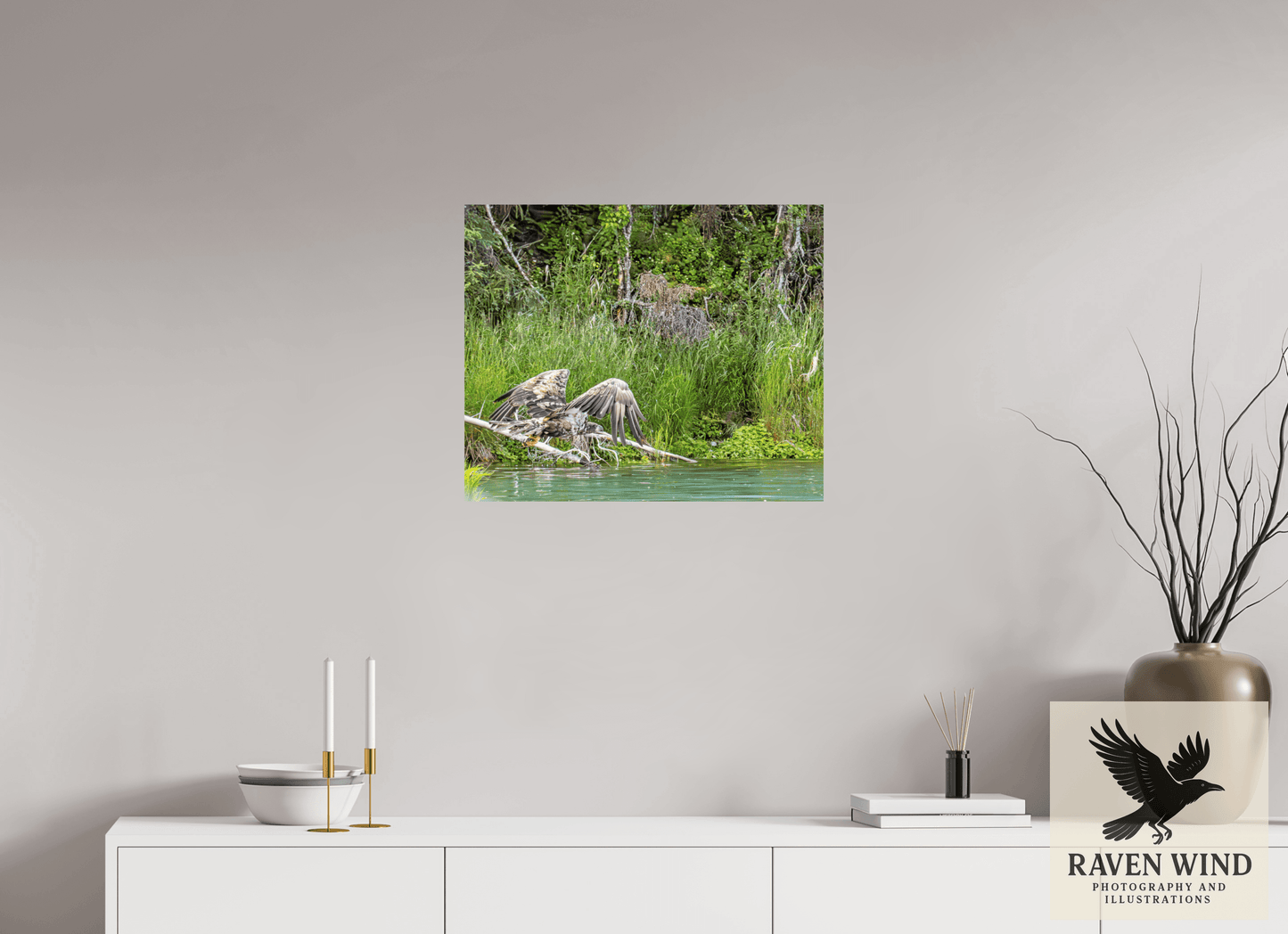 24.2 x 20″, Fine Art Print on Pearl Texture - unframed (email for frame options) Skimming the Wild - Eagle Over the Kasilof River Nature Photography Print