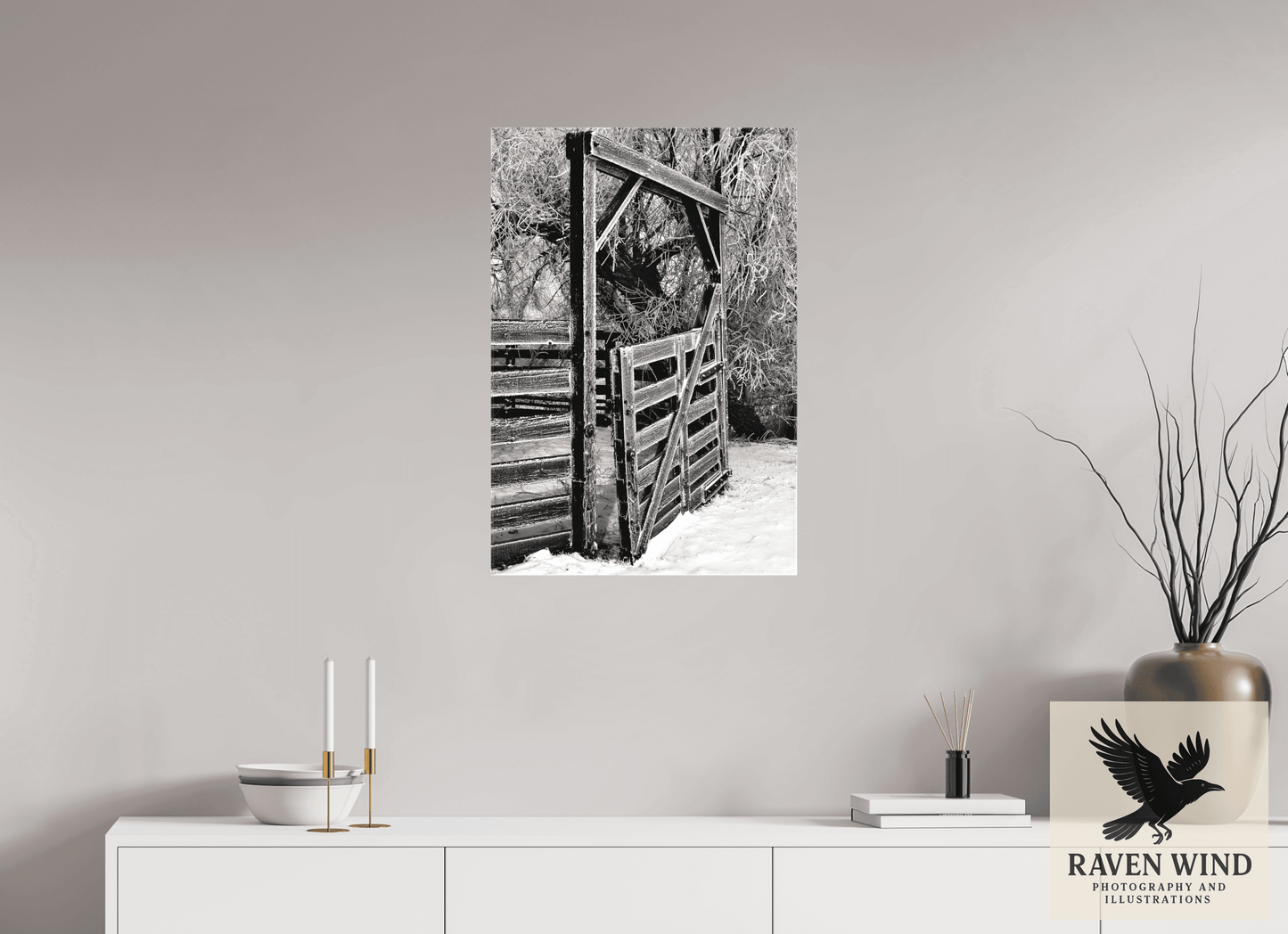 20 x 29.4″, Print on Canvas -ready to hang or stand on a shelf Winter Gate Black and White Nature Photography Print