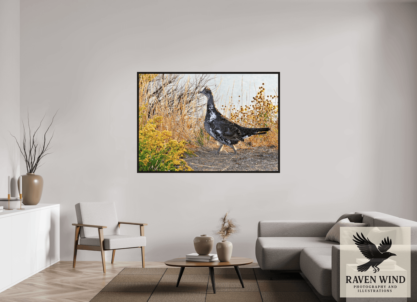 67.2 x 47″, Floater Frame - black oak frame - ready to hang Grounded Grace - a Wild Grouse Nature Photography Print