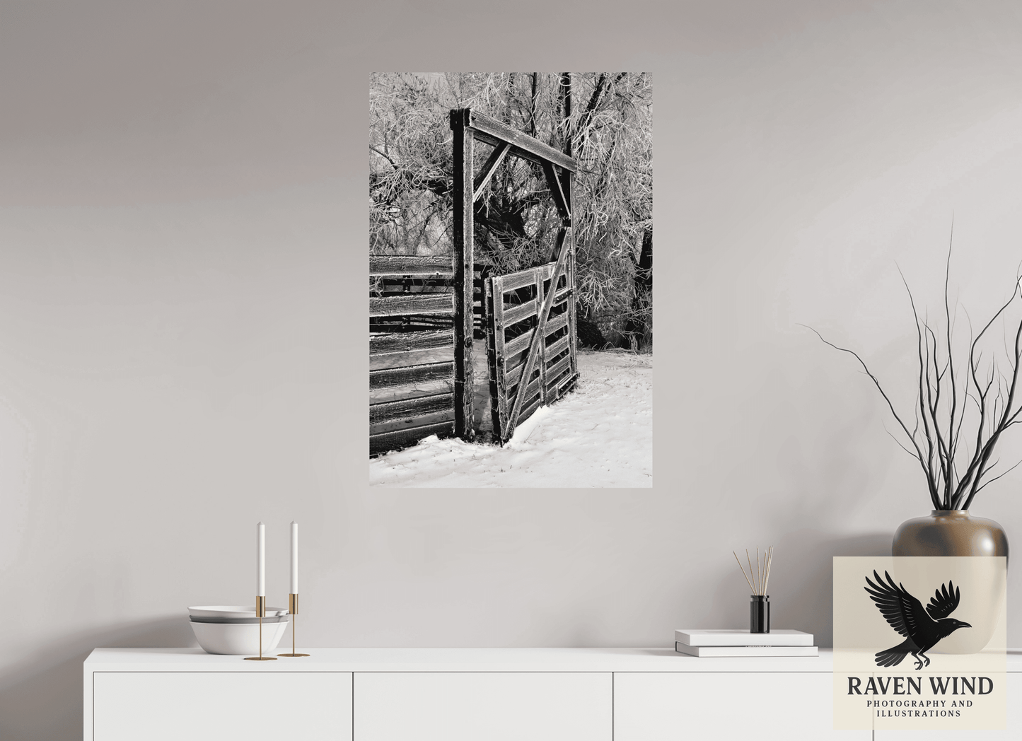 24 x 35.3″, Fine Art Print on Pearl Texture - unframed (email for framing options) Winter Gate Black and White Nature Photography Print
