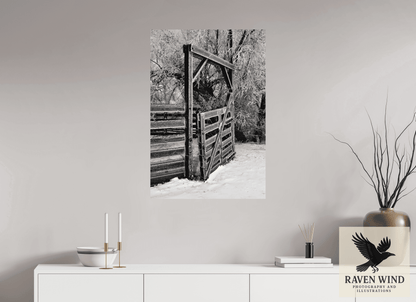 24 x 35.3″, Fine Art Print on Pearl Texture - unframed (email for framing options) Winter Gate Black and White Nature Photography Print