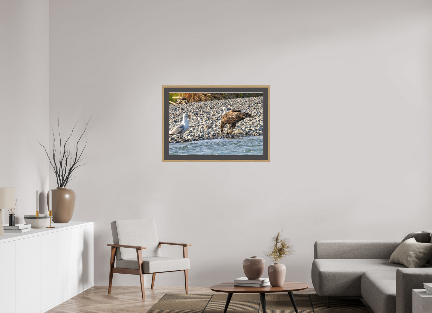 Mine? Mine? – Bald Eagle and Seagull Shoreline Standoff Nature Photography Print