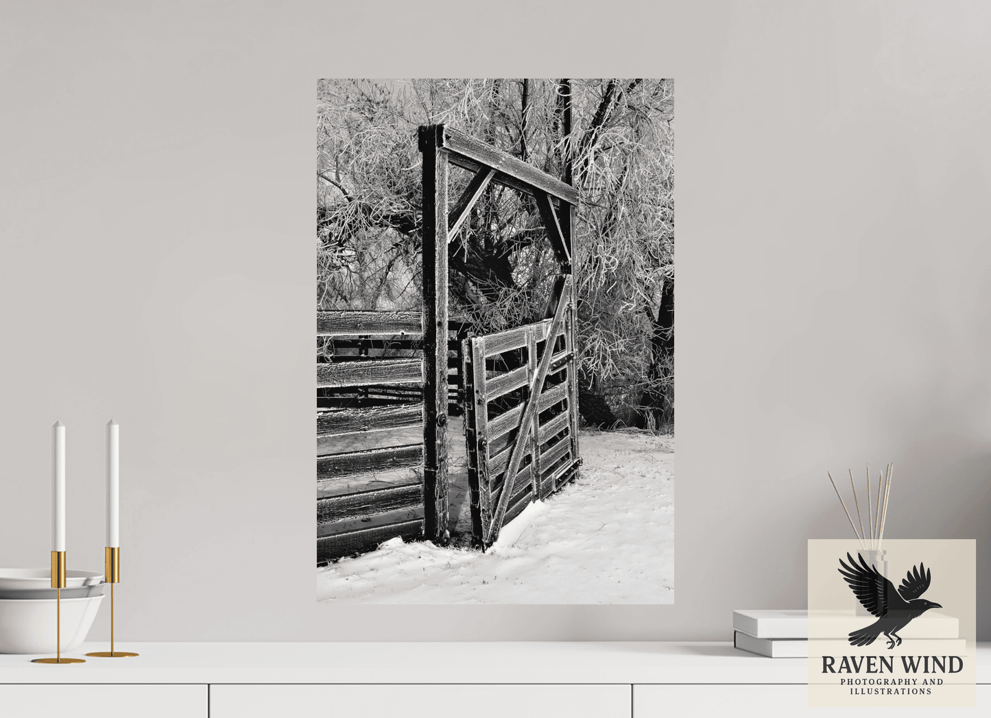 16 x 23.5″, ChromaLuxe HD Metal Print - ready to hang Winter Gate Black and White Nature Photography Print