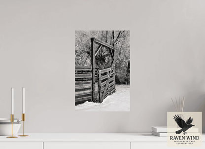 12 x 17.6″, Fine Art Print on Photo Rag Baryta - unframed (email for framing options) Winter Gate Black and White Nature Photography Print