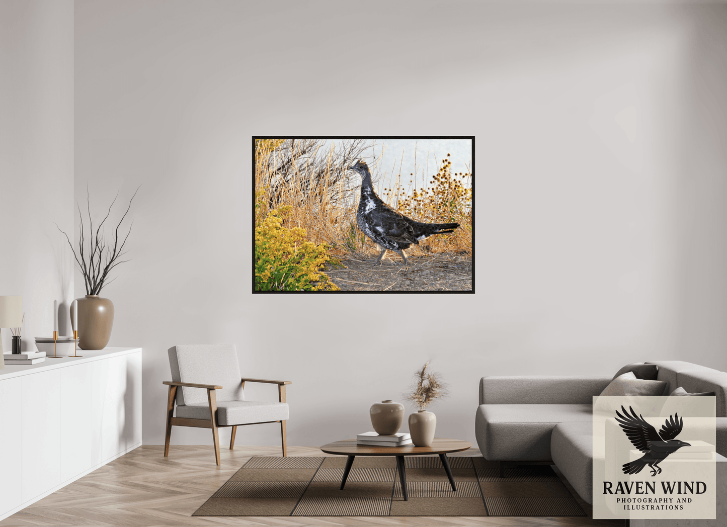 61.5 x 43″, Floater Frame - black oak frame - ready to hang Grounded Grace - a Wild Grouse Nature Photography Print