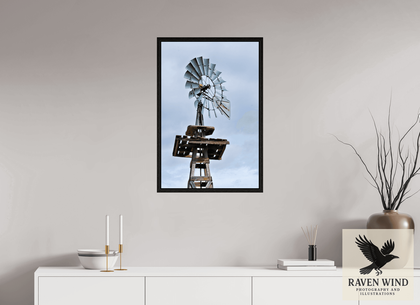 20 x 30″, Floater Frame - black oak frame - ready to hang Rustic Windmill - Tribute to Americana Nature Photography Print