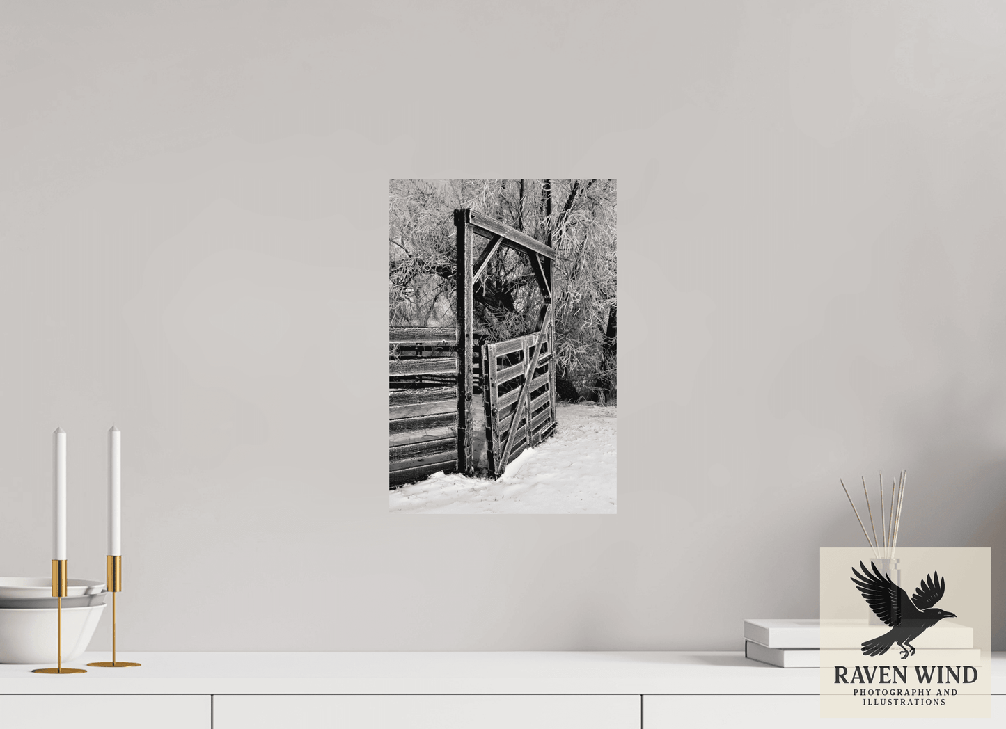 10 x 14.7″, Fine Art Print on Pearl Texture - unframed (email for framing options) Winter Gate Black and White Nature Photography Print