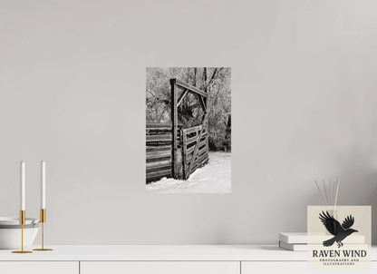 10 x 14.7″, Fine Art Print on Pearl Texture - unframed (email for framing options) Winter Gate Black and White Nature Photography Print