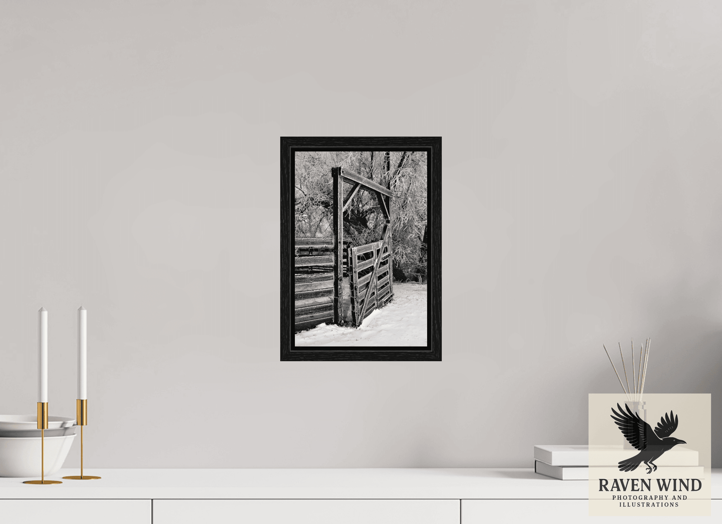 8 x 11.8″, Floater Frame - black oak frame - ready to hang Winter Gate Black and White Nature Photography Print