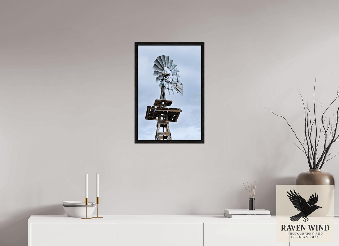 16 x 24″, Floater Frame - black oak frame - ready to hang Rustic Windmill - Tribute to Americana Nature Photography Print