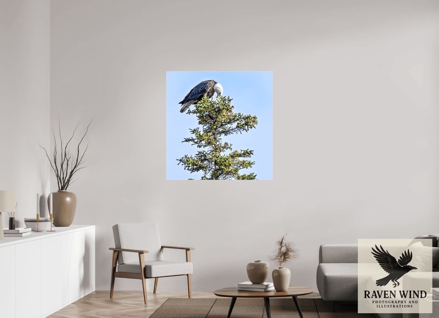 39 x 39.9″, Print on Canvas - ready to hang or set on a shelf Silent Sentinel - Bald Eagle in Alaska's Pines Nature Photography Print