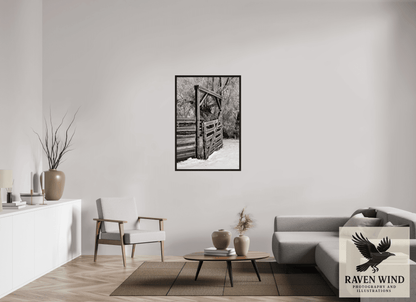 31 x 45.6″, Floater Frame - black oak frame - ready to hang Winter Gate Black and White Nature Photography Print