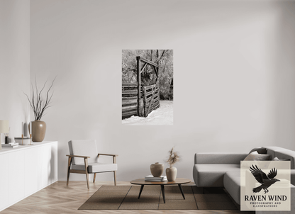 36 x 53″, Fine Art Print on Pearl Texture - unframed (email for framing options) Winter Gate Black and White Nature Photography Print