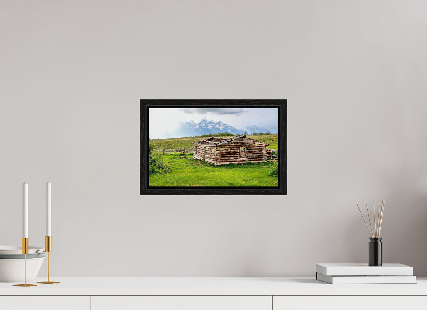 13.2 x 8″, Floater Frame - with Black Oak frame - ready to hang The Cabin - Echoes of Jackson Hole Wyoming Nature Photography Print